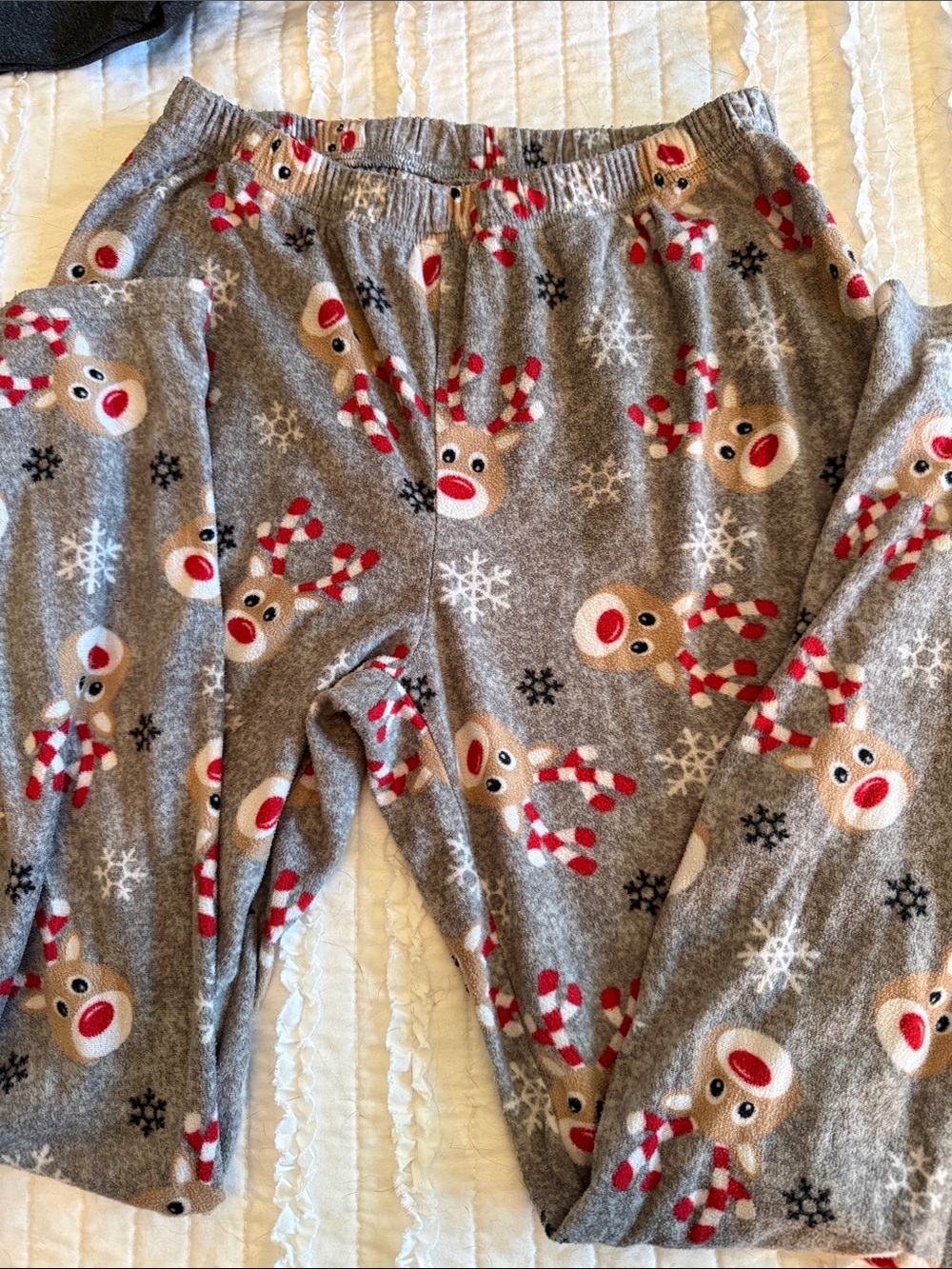 Grey Reindeer Fleece Pajama Pants with Candy-Cane Antlers